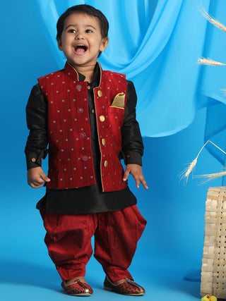 VASTRAMAY SISHU Boy's Maroon Booti Woven Design Slim Fit Nehru Jacket And Black Kurta With Maroon Dhoti Set