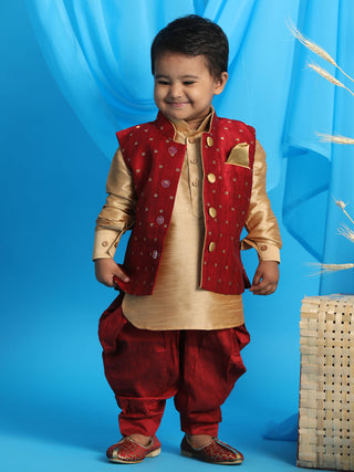 VASTRAMAY SISHU Boy's Maroon Booti Woven Design Slim Fit Nehru Jacket And Rose Gold Kurta With Maroon Dhoti Set