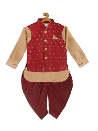 VASTRAMAY SISHU Boy's Maroon Booti Woven Design Slim Fit Nehru Jacket And Rose Gold Kurta With Maroon Dhoti Set
