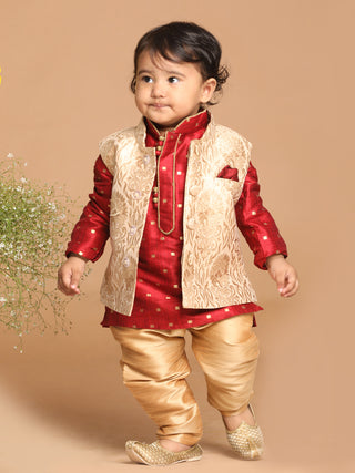 VASTRAMAY SISHU Boy's Maroon Ethnic Motifs Woven Design Kurta with Rose Gold Pyjama And Jacket