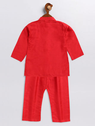 VASTRAMAY SISHU Boy's Aqua Blue Floral Silk Blend Nehru Jacket And Red Kurta Pyjama Set
