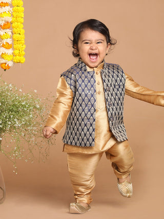 VASTRAMAY SISHU Boy's Gold-Toned & Blue Kurta with Pyjama & Nehru Jacket