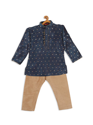 VASTRAMAY SISHU Boy's Blue Woven Design Kurta And Rose Gold Pyjama Set