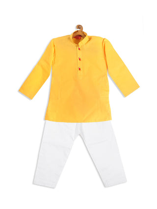 VASTRAMAY SISHU Boy's Yellow Kurta With White Pyjama set