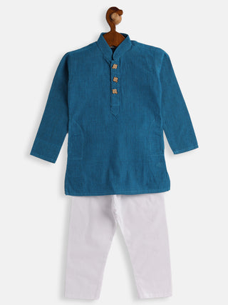 VASTRAMAY SISHU Boys Aqua Blue and White Pure Cotton Kurta Pyjama Set