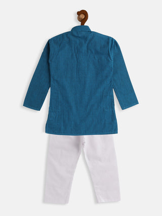 VASTRAMAY SISHU Boys Aqua Blue and White Pure Cotton Kurta Pyjama Set