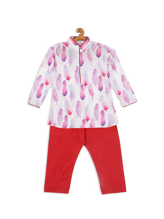 VASTRAMAY SISHU Boy's White Printed Kurta With Red Pyjama Set