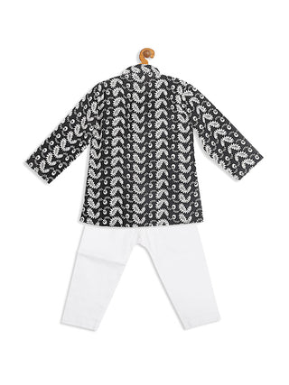 VASTRAMAY SISHU Boy's Black Chikankari Pure Cotton Kurta With White Pyjama Set