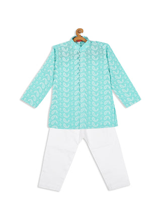 VASTRAMAY SISHU Boy's Green Chikankari Pure Cotton Kurta With White Pyjama Set
