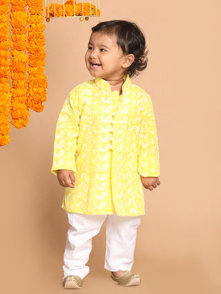 VASTRAMAY SISHU Boy's Mustard Floral Chikankari Pure Cotton Kurta with Pyjama