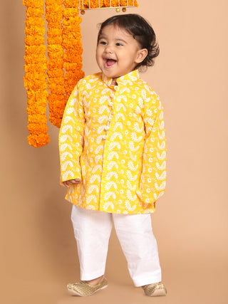 VASTRAMAY SISHU Boy's Orange Floral Chikankari Pure Cotton Kurta With White Pyjama Set