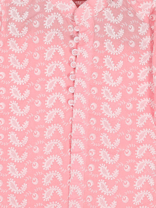 VASTRAMAY SISHU Boy's Pink Floral Chikankari Pure Cotton Kurta