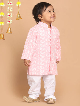 VASTRAMAY SISHU Boy's Pink Floral Chikankari Pure Cotton Kurta with Pyjama
