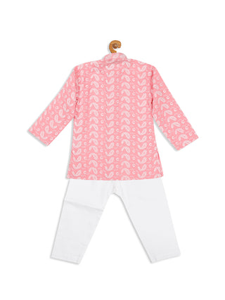 VASTRAMAY SISHU Boy's Pink Floral Chikankari Pure Cotton Kurta with Pyjama