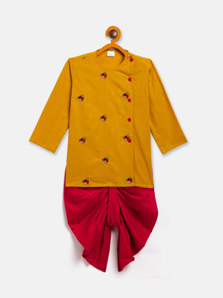 VASTRAMAY SISHU Boy's Mustard Floral Motif Embroidered Kurta and Red Dhoti Set