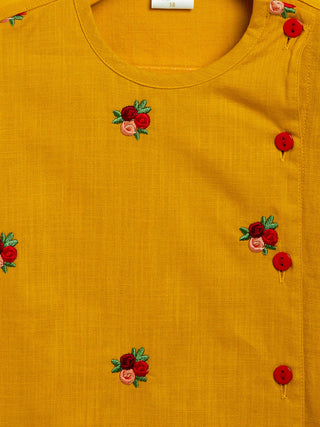 VASTRAMAY SISHU Boy's Mustard Floral Motif Embroidered Kurta and Red Dhoti Set