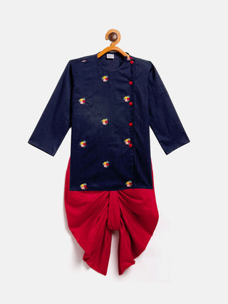VASTRAMAY SISHU Boy's Navy Blue Floral Motif Embroidered Kurta and Red Dhoti Set