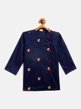 VASTRAMAY SISHU Boy's Navy Blue Floral Motif Embroidered Kurta and Red Dhoti Set