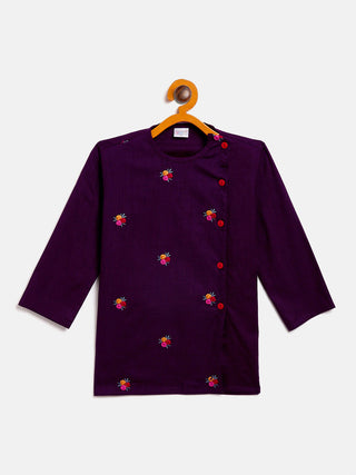 VASTRAMAY SISHU Boy's Purple Floral Motif Embroidered Kurta and Red Dhoti Set
