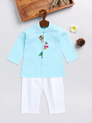 VASTRAMAY SISHU Boy's Aqua Blue and White Cotton Kurta Pyjama Set