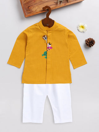 VASTRAMAY SISHU Boy's Mustard and White Cotton Kurta Pyjama Set
