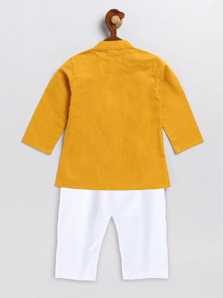 VASTRAMAY SISHU Boy's Mustard and White Cotton Kurta Pyjama Set