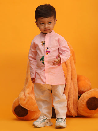 VASTRAMAY SISHU Boy's Pink and White Cotton Kurta Pyjama Set