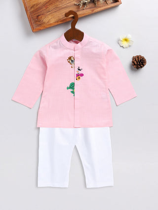 VASTRAMAY SISHU Boy's Pink and White Cotton Kurta Pyjama Set
