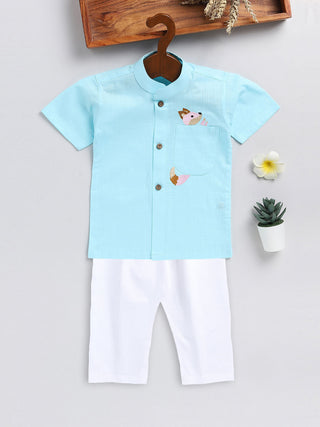VASTRAMAY SISHU Boy's Aqua Blue and White Embroidered Cotton Kurta Pyjama Set