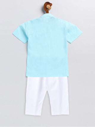 VASTRAMAY SISHU Boy's Aqua Blue and White Embroidered Cotton Kurta Pyjama Set