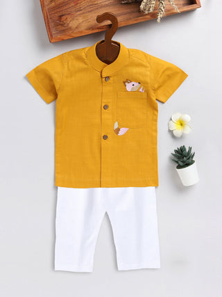 VASTRAMAY SISHU Boy's Mustard and White Embroidered Cotton Kurta Pyjama Set