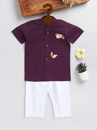 VASTRAMAY SISHU Boy's Purple and White Embroidered Cotton Kurta Pyjama Set