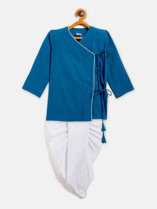 VASTRAMAY SISHU Boy's Blue Angrakha Style Krishna Kurta and White Dhoti Set