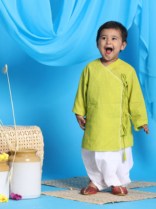 VASTRAMAY SISHU Boy's Green Angrakha Style Krishna Kurta and White Dhoti Set