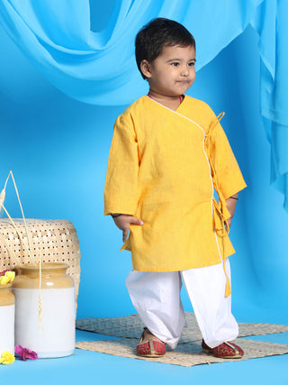 VASTRAMAY SISHU Boy's Mustard Angrakha Style Krishna Kurta and White Dhoti Set