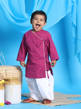 VASTRAMAY SISHU Boy's Pink Angrakha Style Krishna Kurta and White Dhoti Set