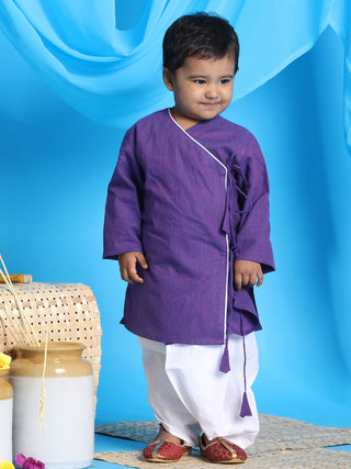 VASTRAMAY SISHU Boy's Purple Angrakha Style Krishna Kurta and White Dhoti Set