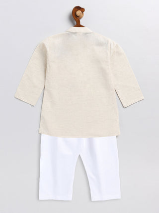 VASTRAMAY SISHU Boy's Beige and White Embroidered Cotton Kurta Pyjama Set
