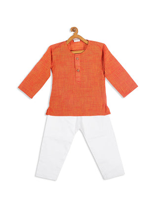 VASTRAMAY SISHU Boys' Orange Cotton Kurta and White Pyjama Set