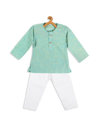 VASTRAMAY Boy's Parrot Green Cotton Kurta and White Pyjama Set