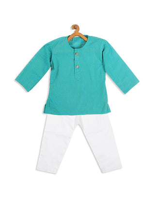 VASTRAMAY SISHU Boys' Turquoise Blue Cotton Kurta and White Pyjama Set