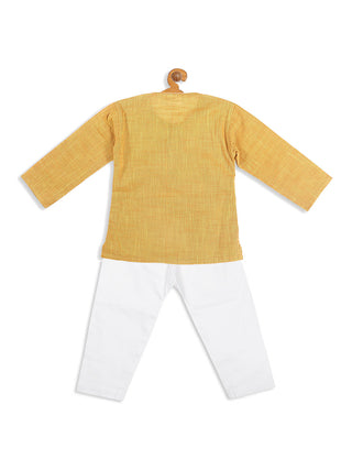 VASTRAMAY SISHU Boys' Yellow Cotton Kurta and White Pyjama Set
