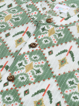 VASTRAMAY SISHU Boy's Green and White Printed Cotton Kurta Pyjama Set