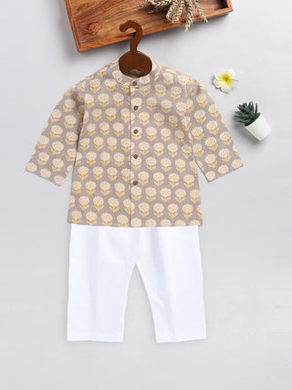 VASTRAMAY SISHU Boy's Gray Floral Printed Cotton Kurta Pyjama Set