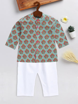 VASTRAMAY SISHU Boy's Green Floral Printed Cotton Kurta Pyjama Set