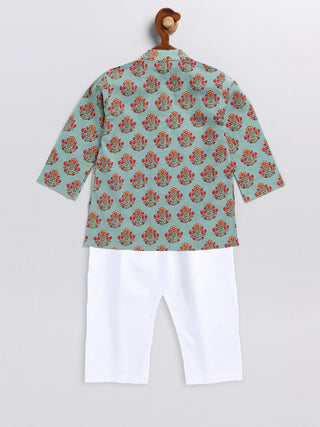 VASTRAMAY SISHU Boy's Green Floral Printed Cotton Kurta Pyjama Set