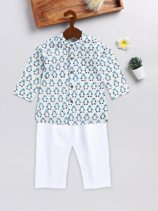 VASTRAMAY SISHU Boy's White and Blue Penguin Printed Cotton Kurta Pyjama Set