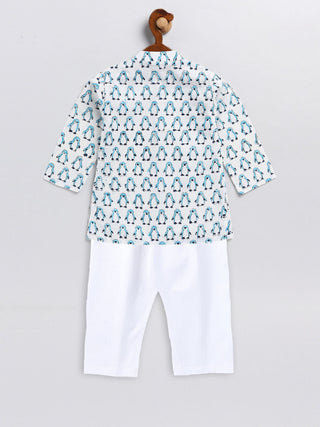 VASTRAMAY SISHU Boy's White and Blue Penguin Printed Cotton Kurta Pyjama Set
