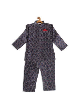 VASTRAMAY SISHU Boy's Navy Blue Floral Printed Kurta And Pyjama Set