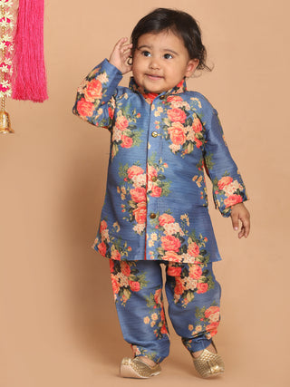 VASTRAMAY Boy's Blue Floral Printed Kurta With Pyjama Set